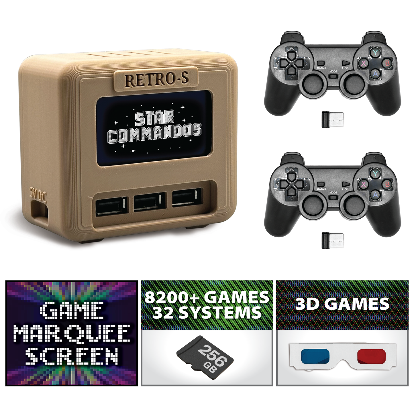 Movaan Retro-S - Retro Game Console With Game Marquee OLED, 2 Wireless Controllers, 3D Glasses and 8200 Games