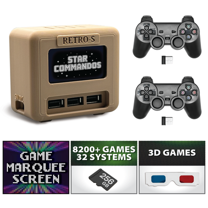 Movaan Retro-S - Retro Game Console With Game Marquee OLED, 2 Wireless Controllers, 3D Glasses and 8200 Games